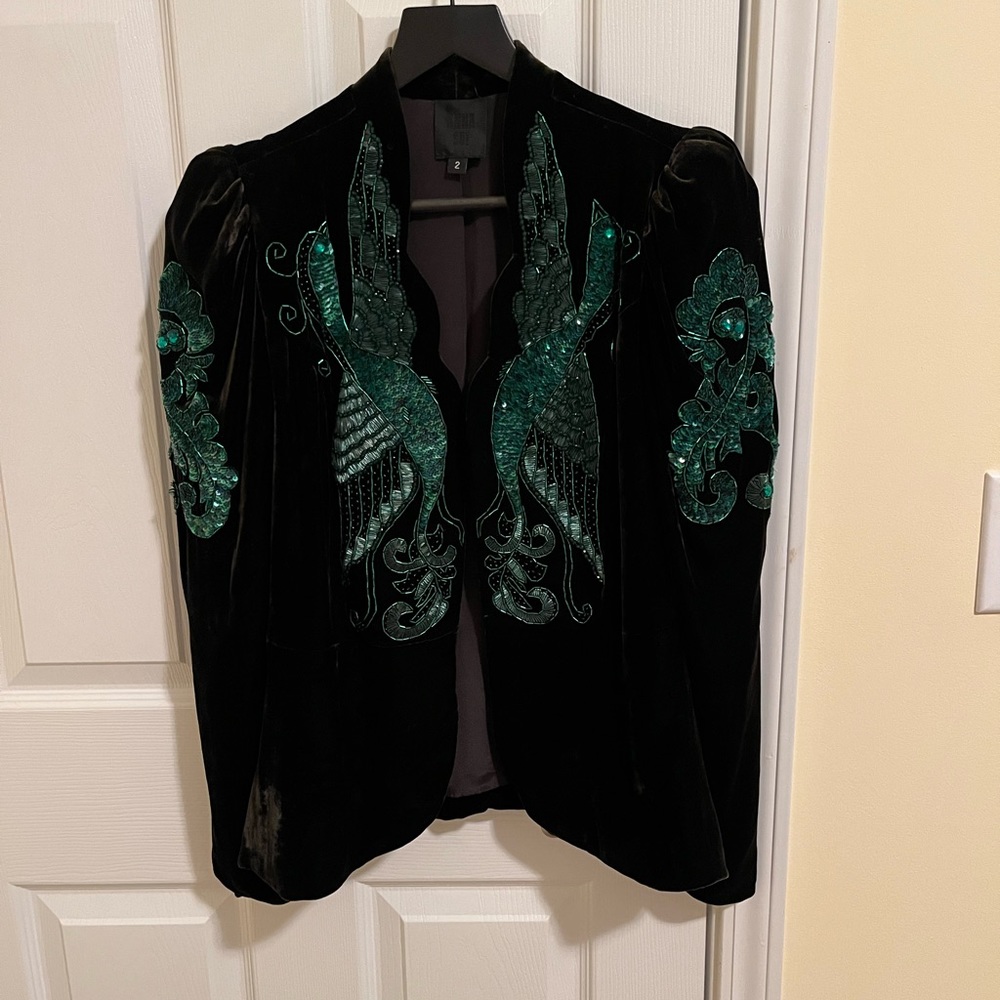 Anna Sui Elegant deep green beaded phoenix velvet jacket